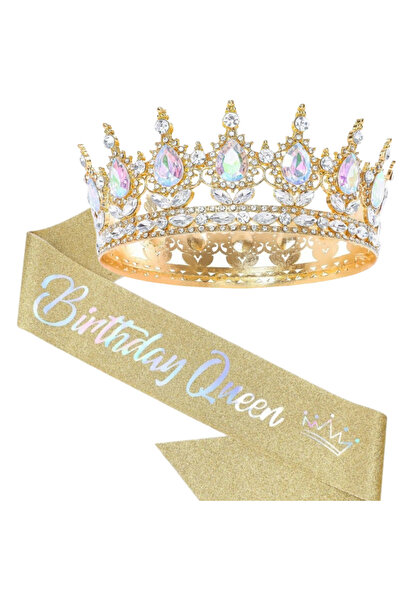 Choice5 gold-AB Bling Rhinestones Birthday Party Kit Tiara Crown Queen Sash W...