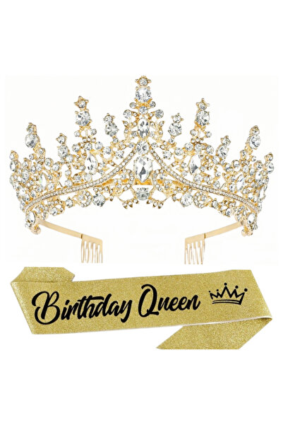 choice2 gold black Baroque Rhinestones Birthday Queen Sash Ribbon Crown Tiara...