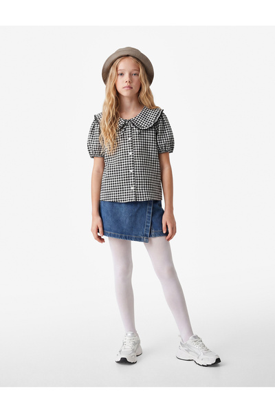 Koton Square Collar Short Sleeve Cotton Balloon Sleeve Baby Collar Gingham Bl...
