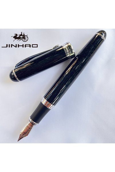 Choice قلم حبر جينهاو X750 أسود قطعة واحدة برأس متوسط مع محول حبر وحواف فضية،...