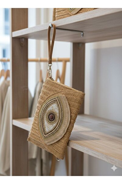 Axesoire NWC-1078 Camel Göz Detaylı Hasır Çanta 27x37x19,5 cm