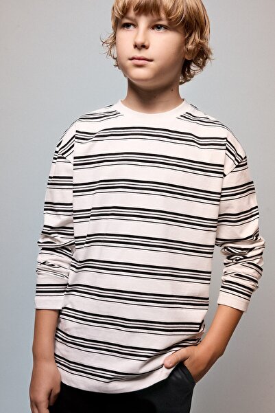 DeFacto 100% Cotton Oversized Striped Crew Neck Long Sleeve T-Shirt for Boys ...