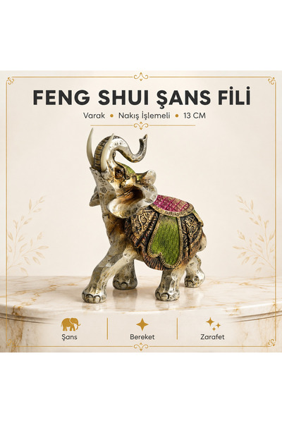 e-life shop Varak Nakış İşlemeli Şanslı Fil Biblo 13 cm Feng Shui Dekoratif O...