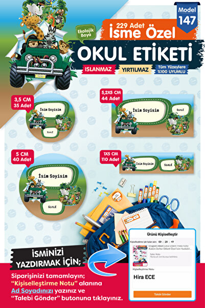 TUĞSET Okul Etiketi Kalem Defter Etiketi Özel İsim Yazılabilen Etiket Seti -İ...