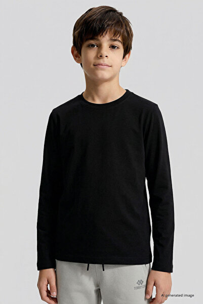 TOMMY LIFE Black O Neck Standard Fit Basic Long Sleeve Unisex Kids T-Shirt - ...
