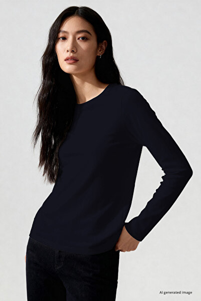 TOMMY LIFE Navy Blue O Neck Standard Fit Long Sleeve Basic Women's T-Shirt - ...