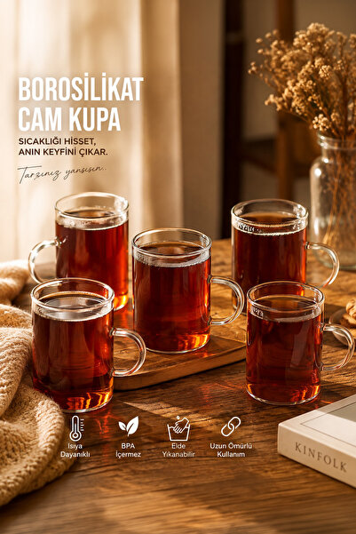 Porsima Pbt-789 6lı Borosilikat Isıya Ateşe Dayanıklı Cam Kulplu Çay Bardağı ...
