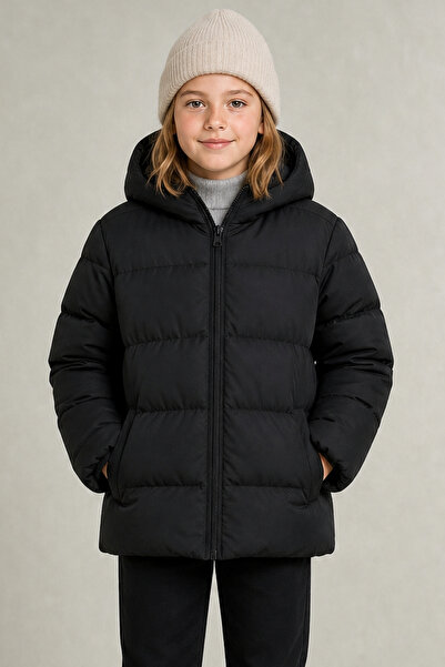 Montland Girl's Black Fleece Hooded Waterproof Wind Resistant Pocket Puffer W...