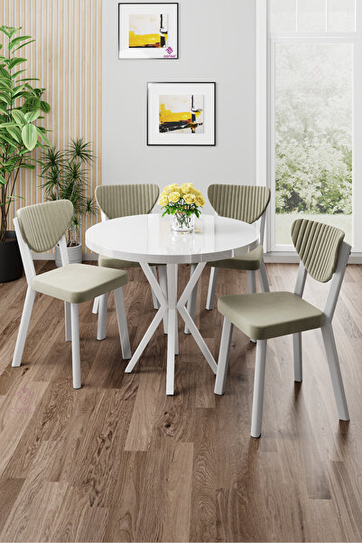 Canisa Agnes Serisi 90x90 Yuvarlak Beyaz Masa Takımı ve 4 Krem Sandalye