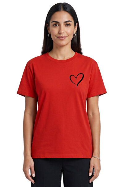 DK DAKSEL Women's Minimal Heart Printed Red Oversize T-Shirt