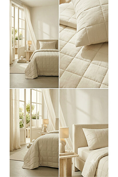 Ocean Home Textile %100 Pamuk Kumaş Kapitoneli Bej Çok Amaçlı Tek Kişilik Yatak Örtüsü Seti 180X230/50X70