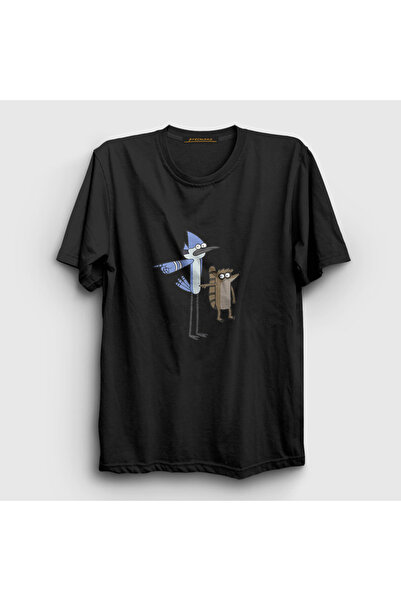 Presmono Unisex Black Pointing Mordecai and Rigby Regular Show T-Shirt 449543Tt