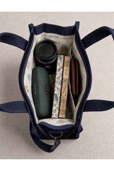 OLD COTTON BAGS Navy Blue Canvas Women's Hand and Shoulder Bag with Adjustable Strap Vintage 26X20X12 cm