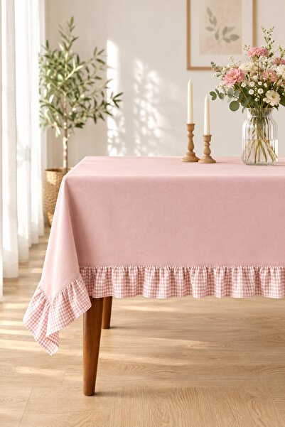 KaiHome Rosy Keten Fırfırlı Masa Örtüsü 160x220cm Pembe