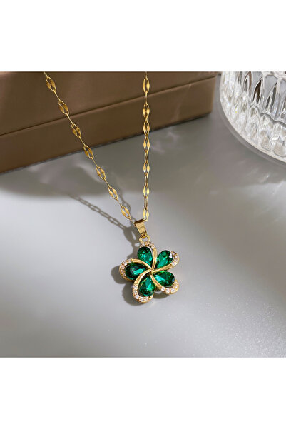 Choice green 40cm Gold-color DIEYURO 316L Stainless Steel Green Zircon Flower...