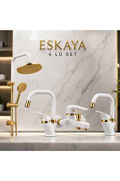 ESHOME 4'lü Beyaz Gold Banyo Lavabo ve Mutfak Batarya Seti Full Set