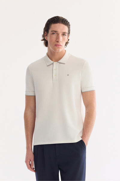 Avva Men's Ecru Non-Curling Polo Collar Buttoned Bi-Stretch Interlock Regular...