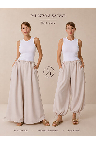 Kadın Bej Oversize Mikro Saten Palazzo Şalvar Geniş Paça Pantolon S-3XL Uyumlu