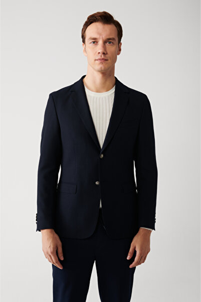 Avva Erkek Lacivert Kapaklı Cepli Astarlı Çift Yırtmaçlı Yünlü Slim Fit Ceket...