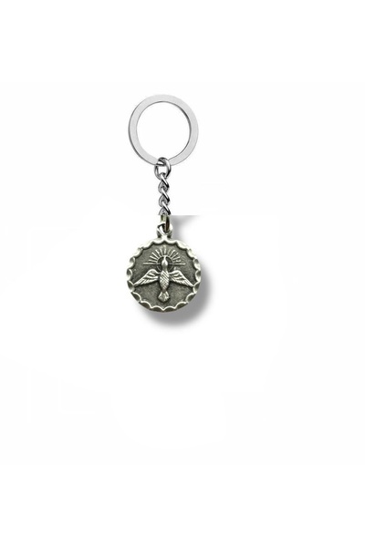Herşey Nota Metal Keychain with Holy Spirit Figure – Silver Color Spiritual U...