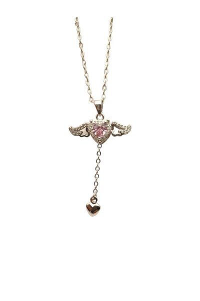 Herşey Nota Steel Zircon Stone Wings Moving Angel of Love Silver Necklace - w...