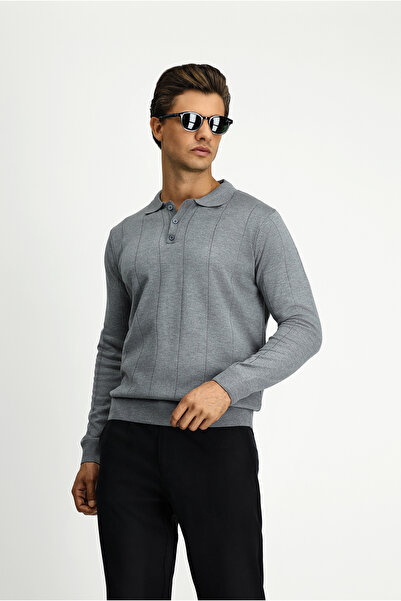 Kiğılı Polo Yaka Düğmeli Regular Fit Çizgili Triko Kazak