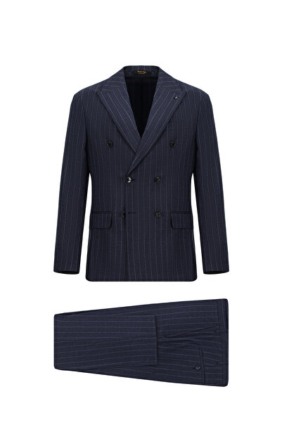 Abdullah Kiğılı 7 Drop Super Slim Fit Eksra Dar Kesim Yünlü Çizgili Kruvaze T...