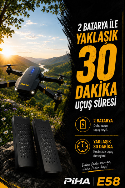 piha E58yeni Fırçasız Motor Hd 720p Çift Kameralı 30dk Uçuş Süresi 2 Bataryalı Taşıma Çantalı Drone