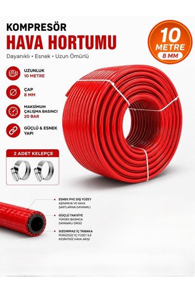 SEL SLK10 10 Metre Thermo Kompresör Hava Hortumu Kırmızı 8 mm 10 Metre + 2 Adet Kelepçe