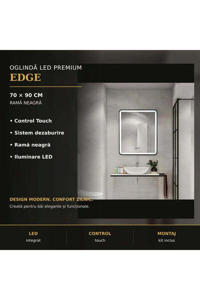 OEM Oglinda LED Rectangulara 70x90cm EDGE Touch Sistem Dezaburire, Rama Neagra