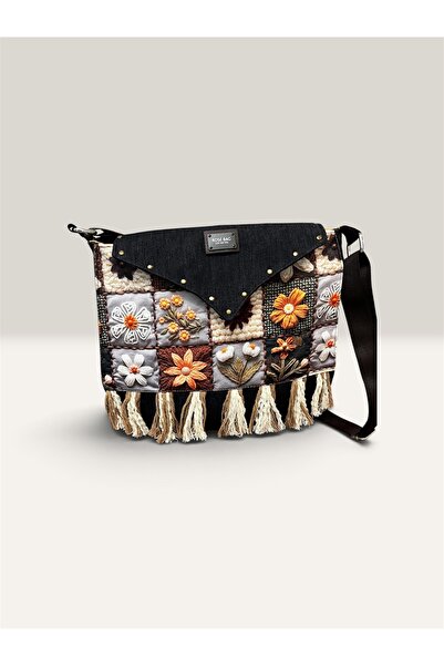 GÜLHOBİTASARIM Denim Fabric Bag with Patterned Figures in Navy Blue