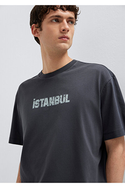 Mavi Istanbul bedrucktes Anthrazit-T-Shirt, lockerer Schnitt / bequemer Schni...