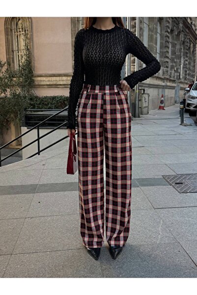 BLUSS Γυναικείο παντελόνι με καρό σχέδιο, ψηλόμεσο, φαρδιά γραμμή
