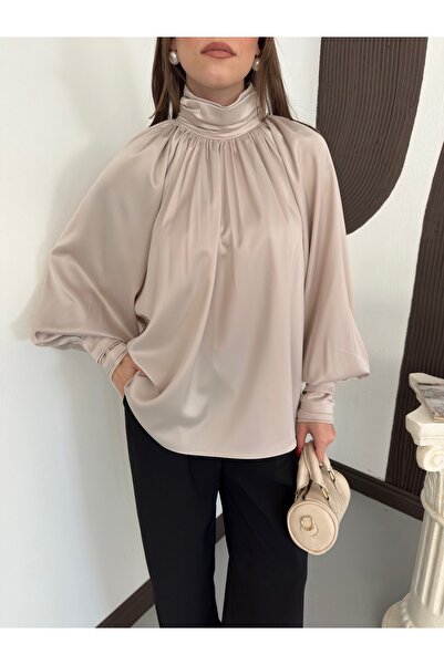Ekim Store Σατέν Πλισέ Μπλούζα με Μανίκια Νυχτερίδας σε Χαλαρή Γραμμή