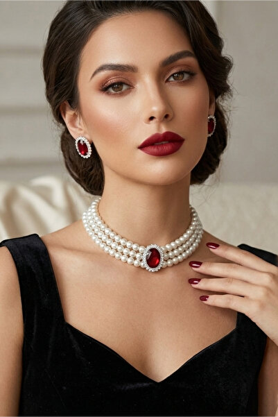 Happyline Bordo Kolye Oval Taşlı Choker Kolye Küpe Takım Tasma Kolye Cam İnci...