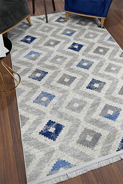 SULTAN HALI Mavi Krem Altı Kaymaz Dokuma Taban Yıkanabilir Dekoratif Halı - 7066