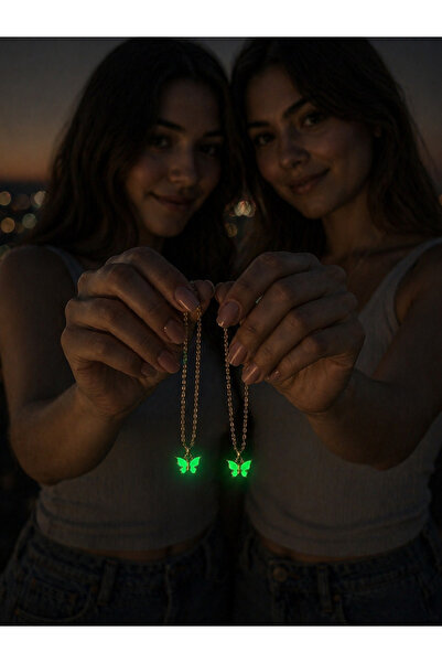 Dukkanka 2'li Kelebek Karanlıkta Parlayan Neon Arkadaşlık Best Friend Kolye