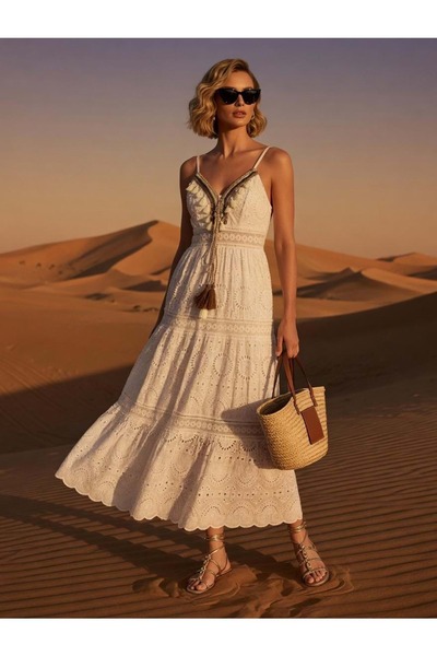 ibeeka Φόρεμα Μάξι με Κεντημένη Δαντέλα Desert Bloom Εκρού
