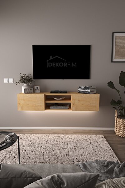 DEKORFİM DF17102 LED Işıklı Duvara Monte Safir Meşe TV Ünitesi, 2 Kapaklı Dol...