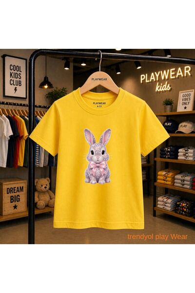 playwear Γυαλιστερό μπλουζάκι με στάμπα κουνελιού και ροζ κορδέλα, 100% παιδι...