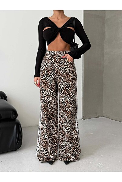 HerTon Pantaloni de damă cu imprimeu leopard, cu talie înaltă, cu picior larg...