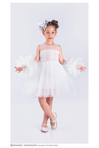 İray Κοριτσίστικο Λευκό Φόρεμα Τούτου – Βραδινό Φόρεμα Πριγκίπισσας με Λεπτομ...