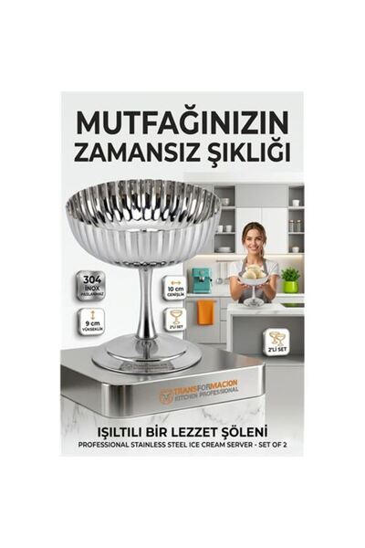 Marsilyan 2'li Profesyonel İnox Gümüş Paslanmaz Çelik Ayaklı Dondurma ve Tatl...