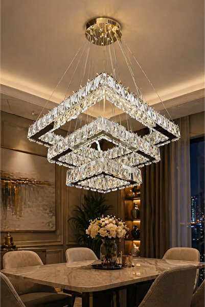 ARMONİDEKOR 3 Katlı Kristal Kare Kumandalı 3 Renk Led Avize