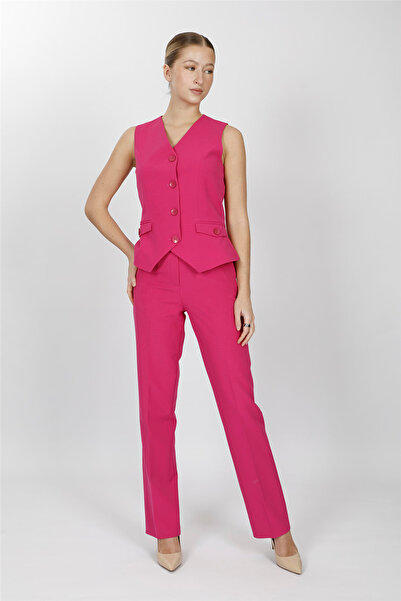 ÖNDER ÖZSOY V-Neck Decorated Buttoned Vest Suit 1530505-Fuchsia - 1530505