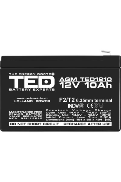 TED Electric Acumulator Stationar Etans AGM VRLA 12V 10A F2 T2, Dimensiuni 151mm x 65mm x h94mm Pentru Navomodel