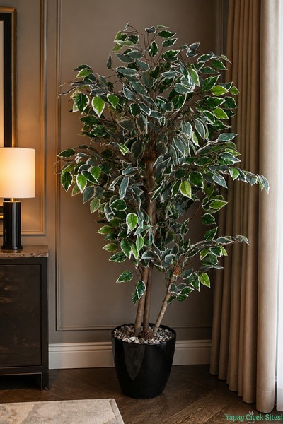 Yapay Çiçek Sitesi Siyah Saksıda Yapay Benjamin (Ficus) Ağacı 130 cm Yeşil-Beyaz