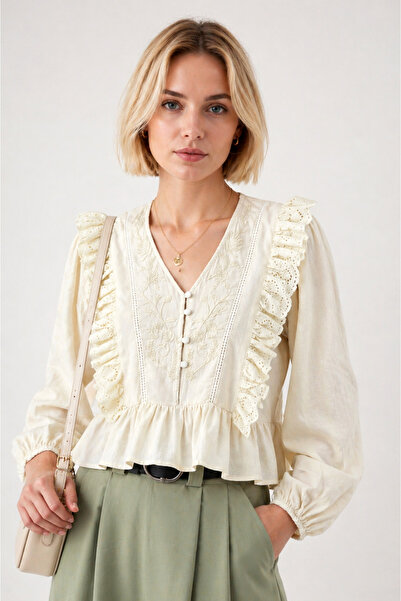 FERHEL Γυναικείο λινό πουκάμισο με δαντέλα και λαιμόκοψη V - Μπεζ