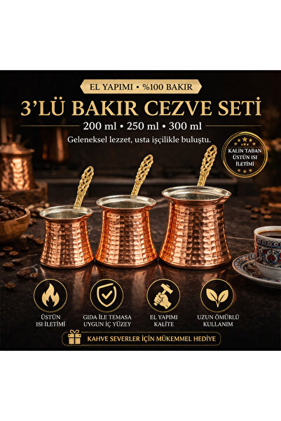 NUHA 3’lü Bakır Cezve Seti (200-250-300 ml) El Yapımı Kalın Taban Türk Kahves...