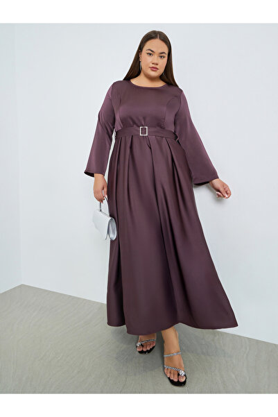 Styli Plus Size Satin A-Line Maxi Dress with Belt